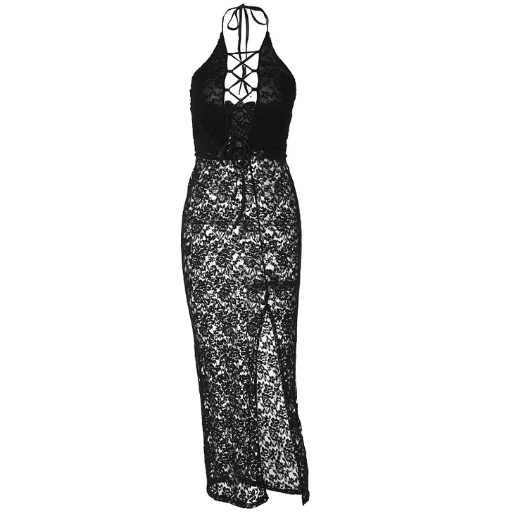 Hollow Out Lace Up See Through Split Dress - Modakawa Modakawa