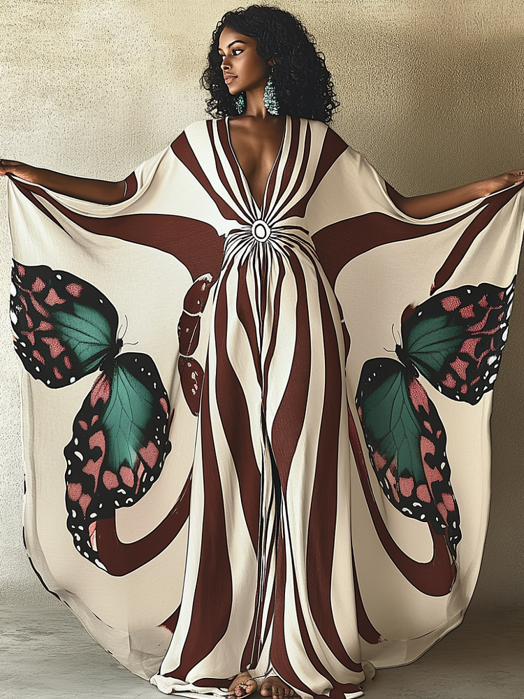 Sepia Papillon Linen V-neck Long Kaftan