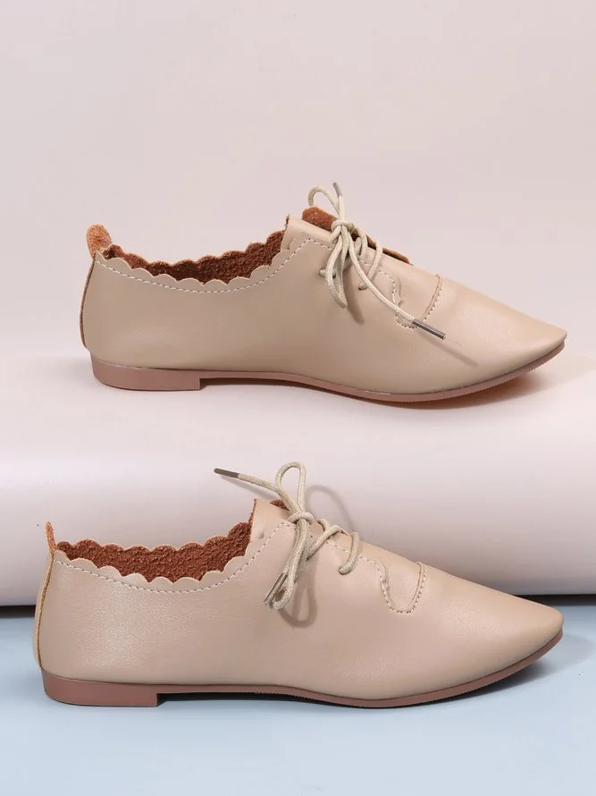 Khaki Beige Professional Commuter Pointed Toe Lace-Up Flats