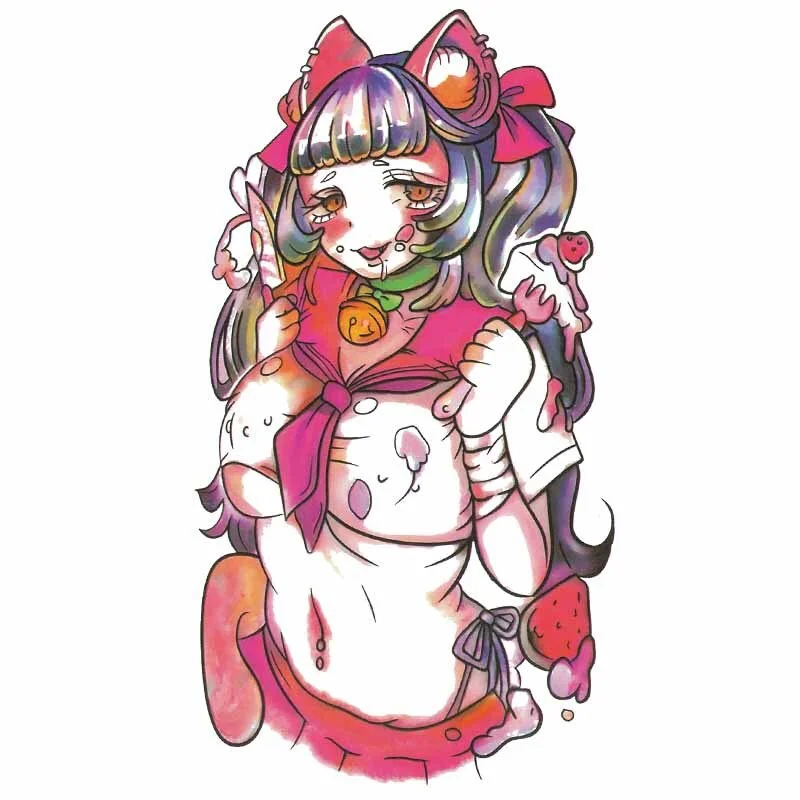 Sdrawing Temporary Tattoo Sticker Anime Cartoon Cute Pink Hair Girl Flower Necklace Fake Tatto Flash Tatoo Art for Women Men