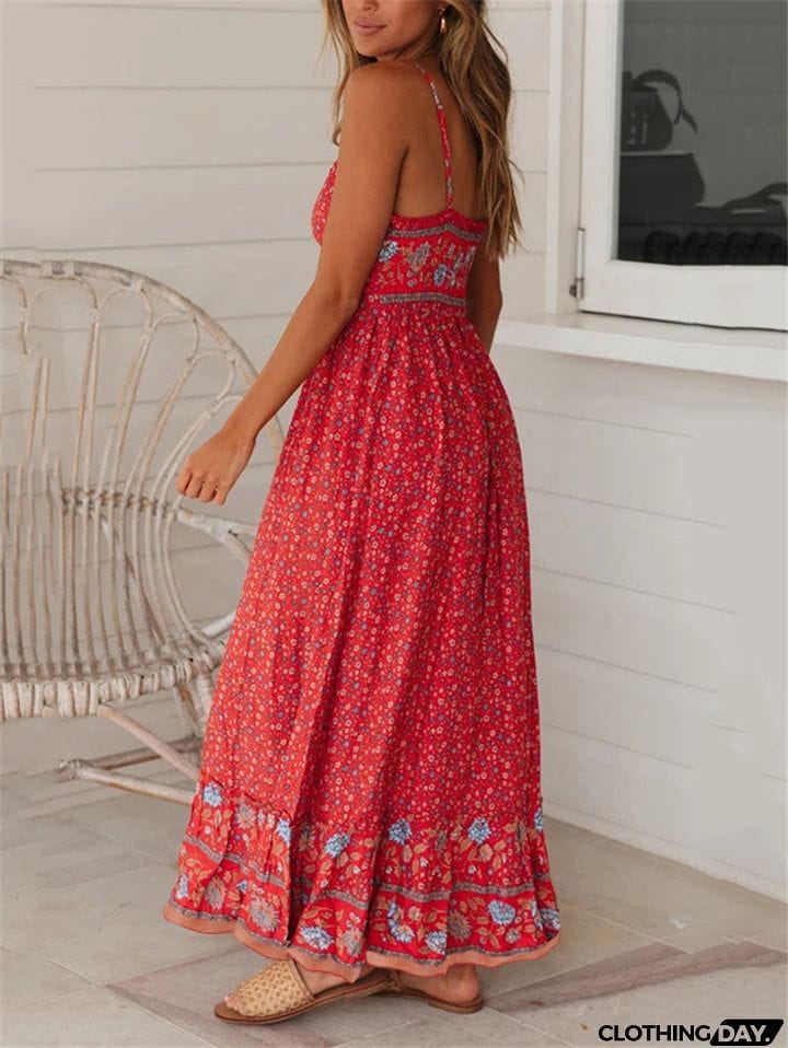 All-Over Floral Print Fitted Waist Pullover Pleated Detailing Spaghetti Strap Dress