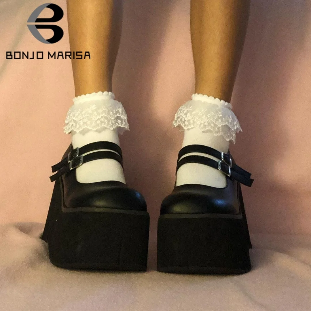 BONJOMARISA The Big Size 43 Girls Pumps Solid Buckle Platform Marry Janes Pumps Women Lolita Thick Bottom Gothic Shoes Woman