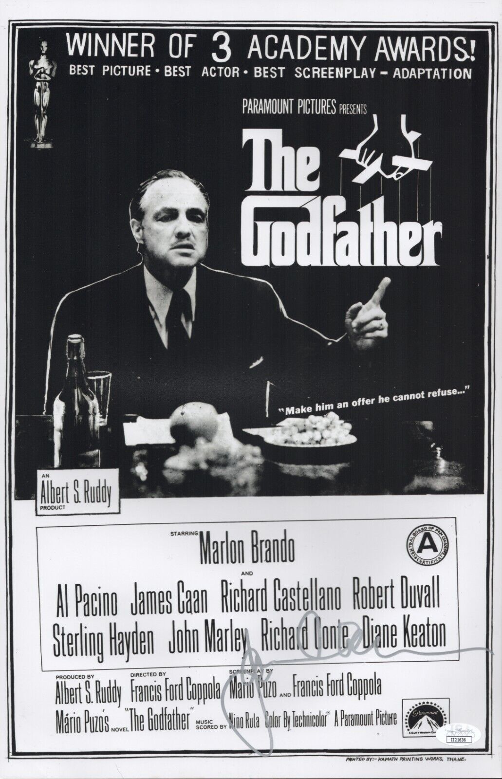 James Caan Signed 11x17 The Godfather Sonny Corleone Authentic Auto JSA COA