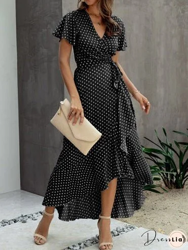 Dresses V-Neck Polka Dot Ruffle Short Sleeve Dress for Women