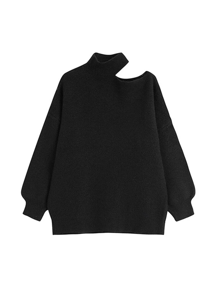 Pullovers Women Knitted Sweater 2021 Autumn New Turtleneck Off Shoulder Fashion French Long Sleeve Tops Loose Solid Pull Femme