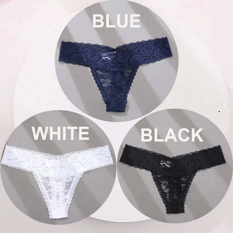 FINETOO 3PCS/Set M-XL G-string Thong Panties for Woman Sexy Lace Floral Underwear Transparent Women's Underpants Female Lingerie