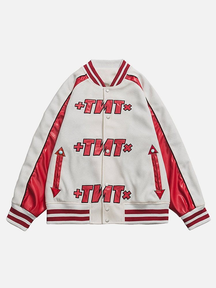 "TNT" Patchwork Print Varsity Jacket