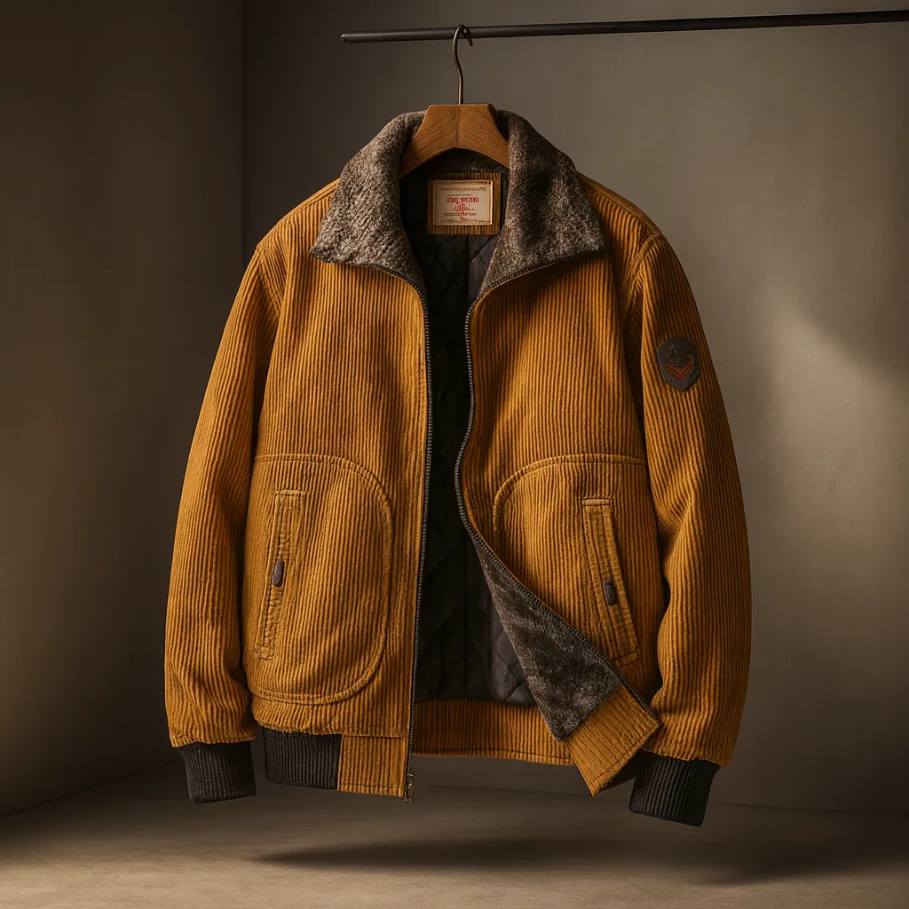 Men's Corduroy Aviator Jacket &ndash; Fur Collar Fleece-Lined Coat &ndash; Khaki
