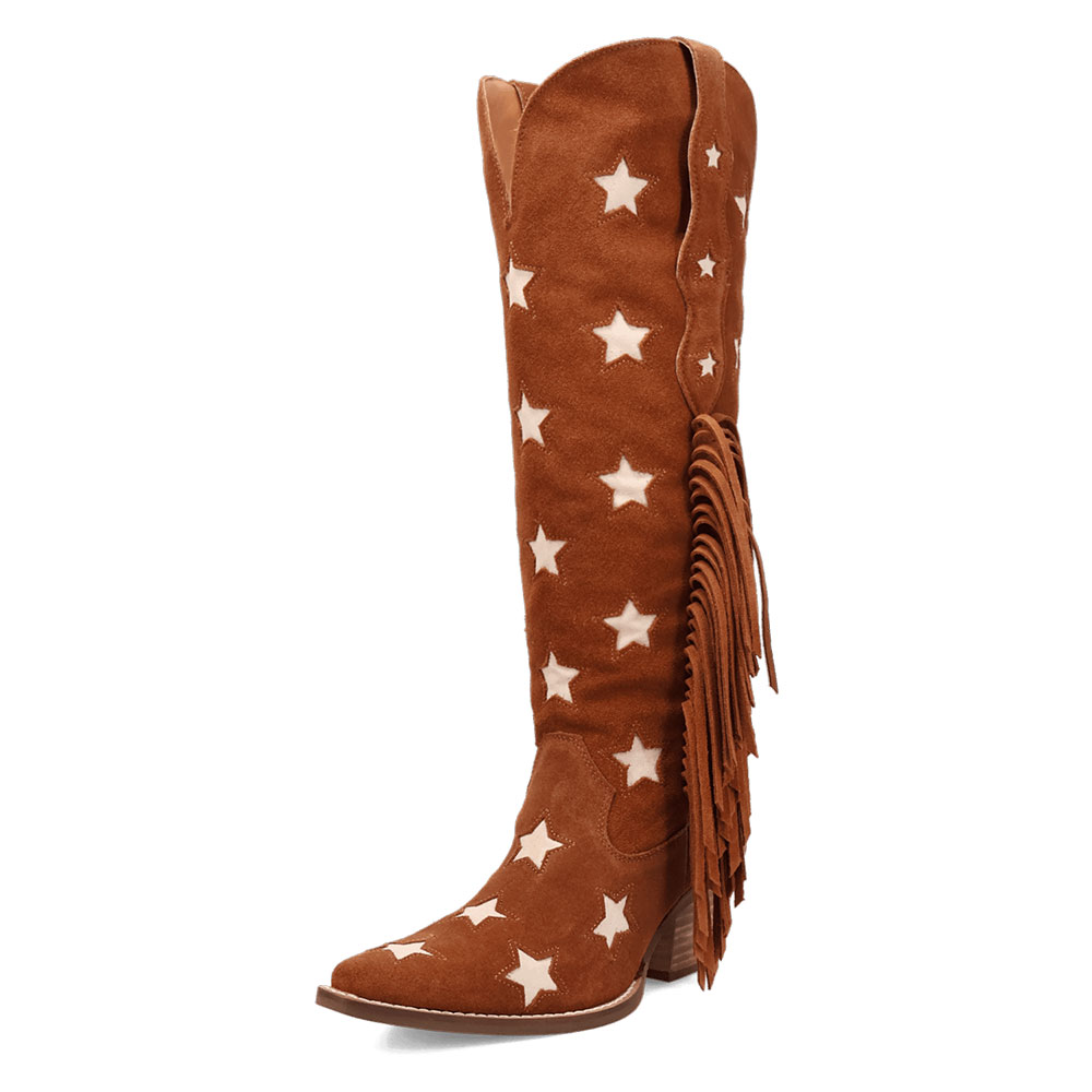 Star Pattern Snip Toe Chunky Heel Brown Cowgirl Boots with Fringe Nicepairs