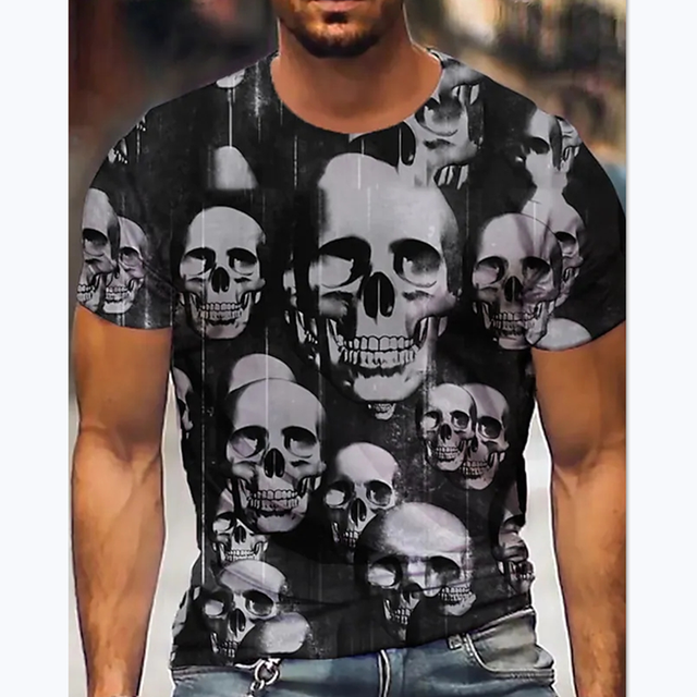 Skull Pattern Street Style Summer Short Sleeve Men's T-Shirts Black-VESSFUL