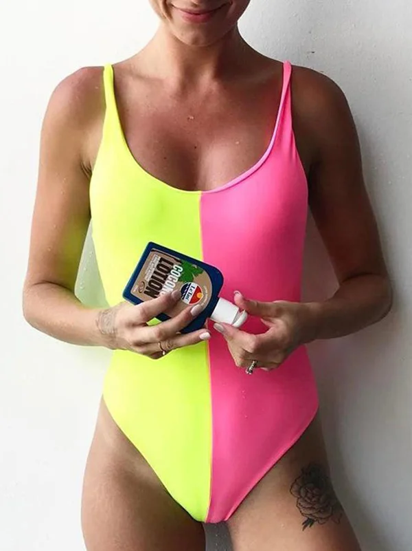 Contrast Color Spaghetti-Neck One-Piece Swimsuit 