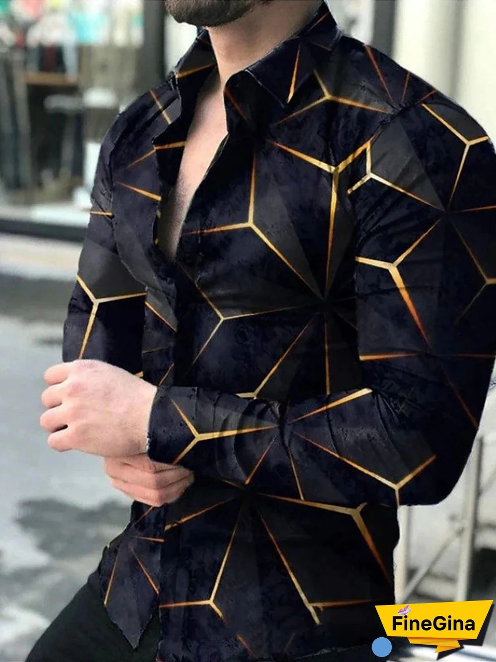 Men Long Sleeve V-neck Geometric Printed Buttons Shirts