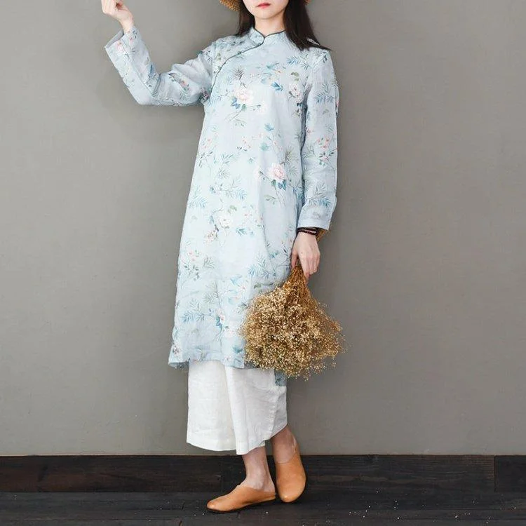 DIY side open linen spring clothes For Women Wardrobes blue floral Dress