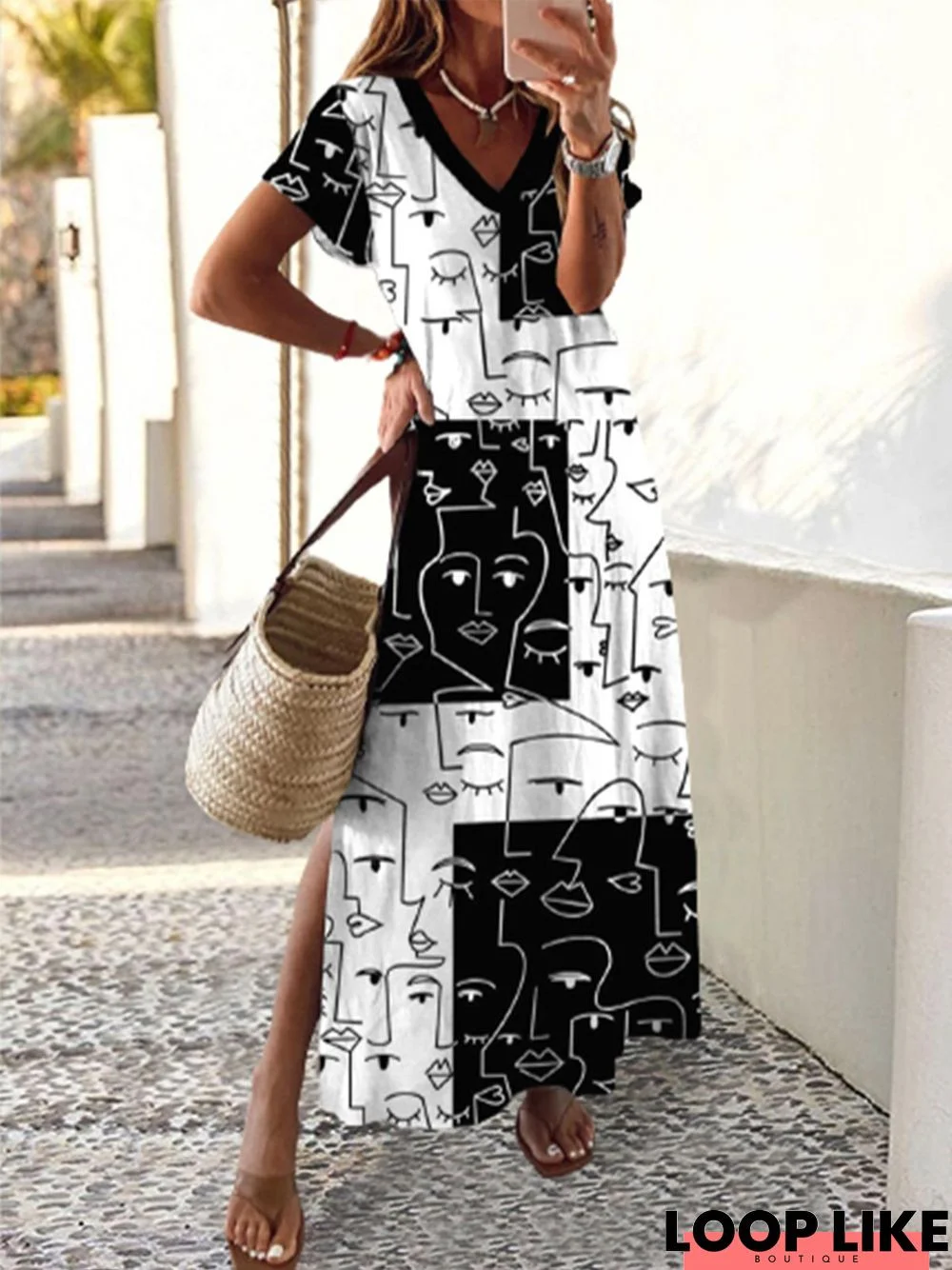 Casual Abstract Short Sleeve V Neck Printed Dress