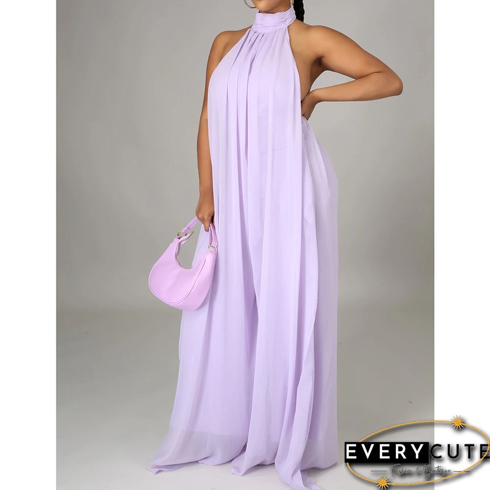 Light Purple Halter Neck Backless Chiffon Wide Leg Jumpsuit
