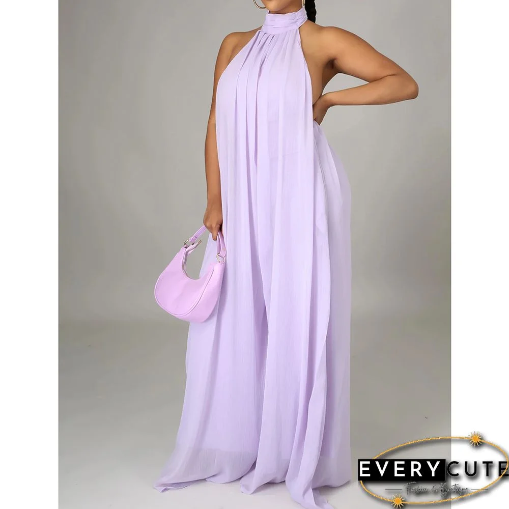 Light Purple Halter Neck Backless Chiffon Wide Leg Jumpsuit