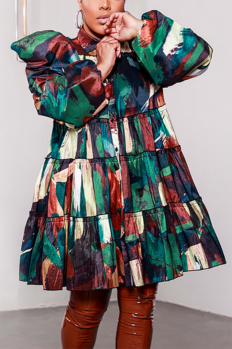 Xpluswear Plus Size Daily Palette All Over Print Puff Sleeve A-Line Midi Dress