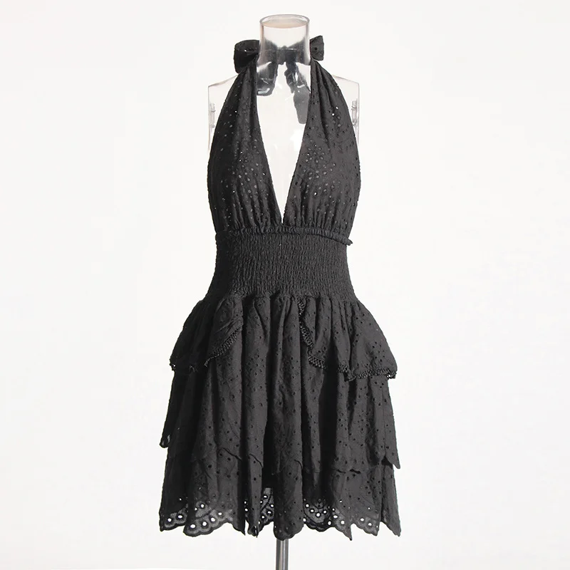 Zingj 2025 Summer New Fashion Sexy Hanging Neck Hollow High Sense Sleeveless Solid Color Dress Woman