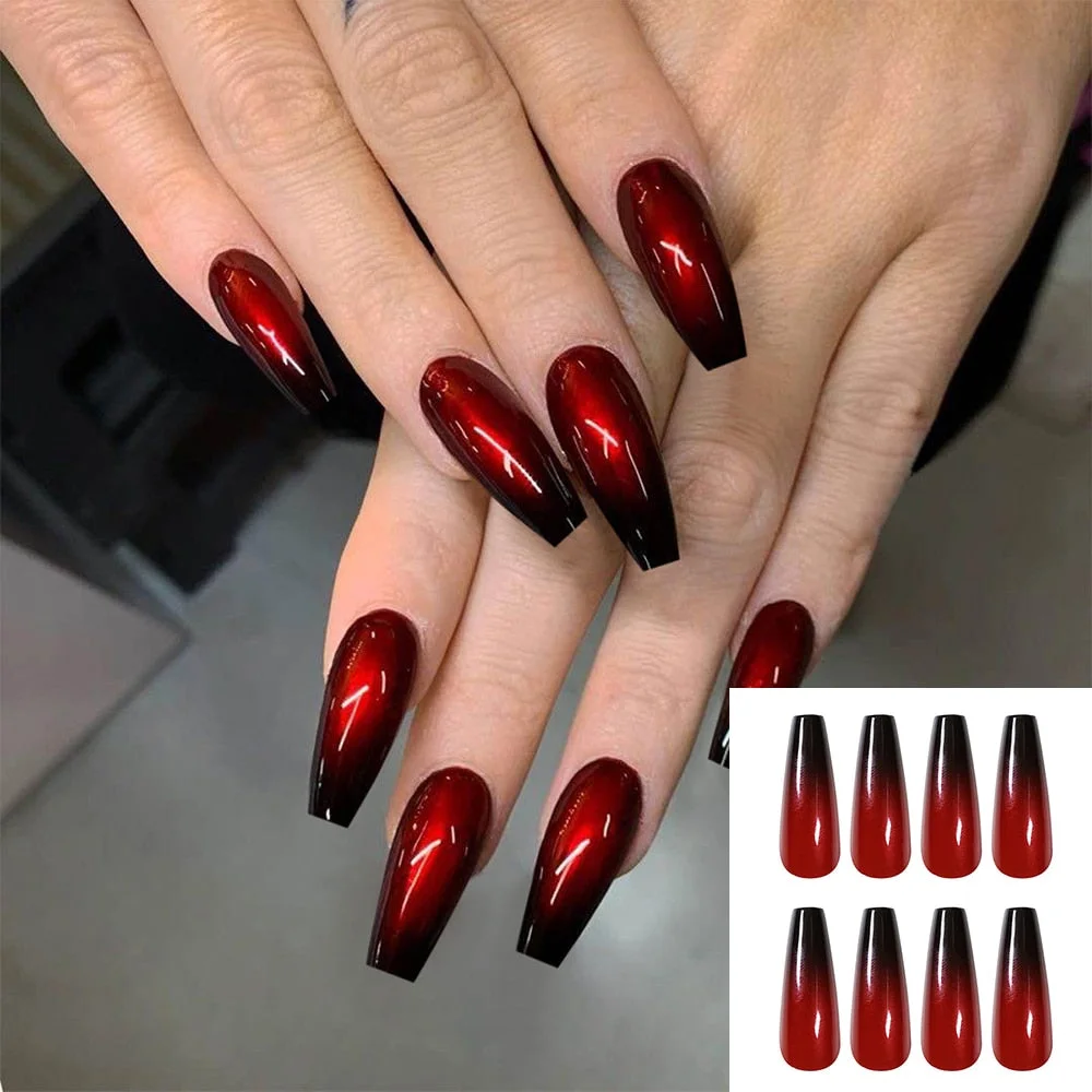 24pcs/Set Long Coffin False Nails Fashion Finished Red Black Gradient Fake Nails Beauty Nail Decal Ballerina Full Nail Art Tips