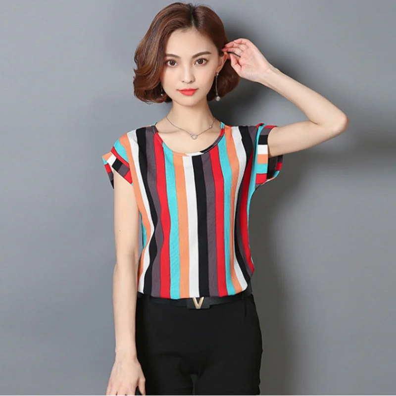 2021 New Large Size Women Pprinting Blouse Fashion Shirt Short-Sleeved Chiffon Summer Style Ladies Tops