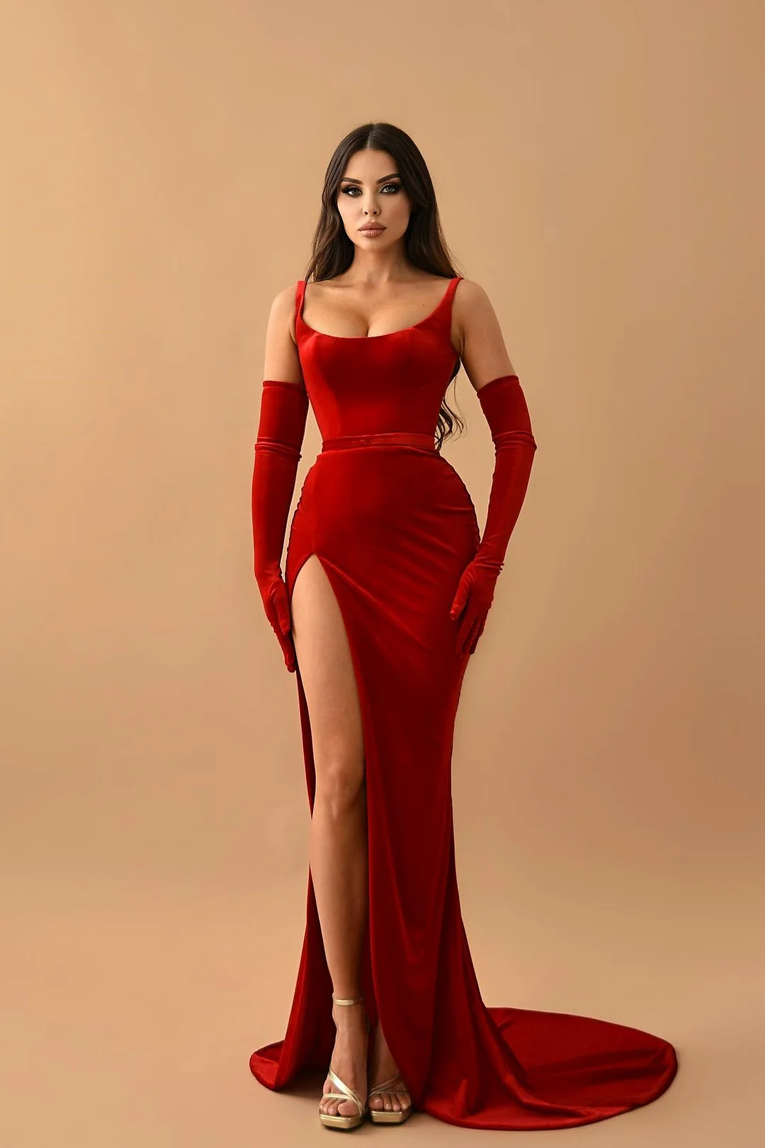 Bellasprom Red Sleeveless Mermaid Prom Dress Velvet With Split On Sale
