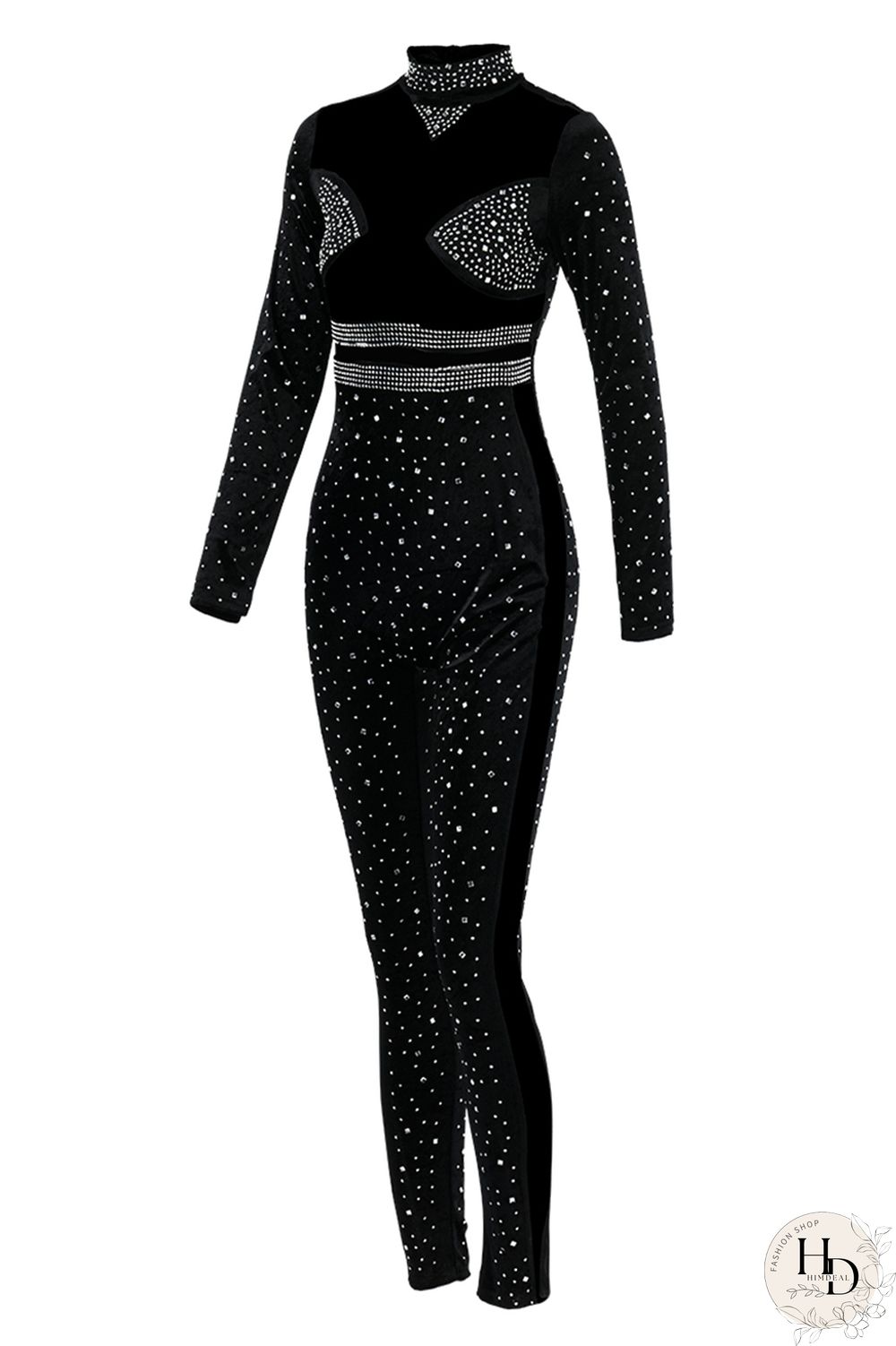 Blue Fashion Sexy Patchwork Hot Drilling Split Joint Turtleneck Skinny Jumpsuits