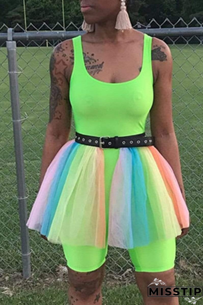 Sexy Mesh Stitching Sling Romper（With Belt）