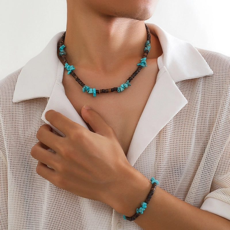 Minimalist Geometric Turquoise Coconut Shell Irregular Beaded Men's Jewelry Set