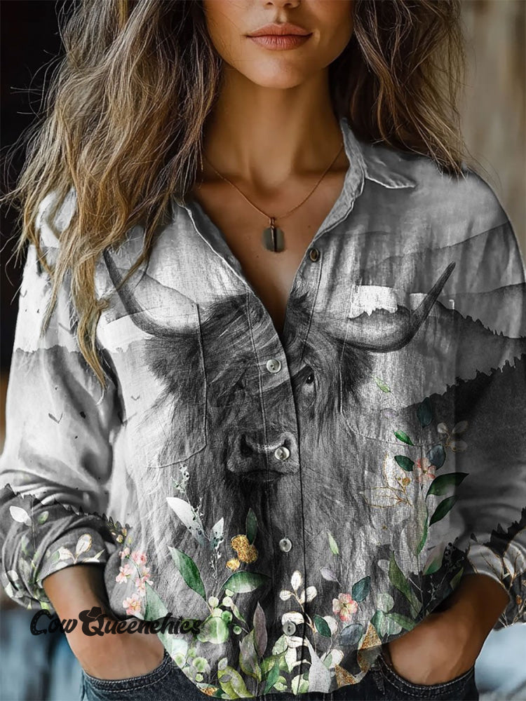 Women’s Cute Calf Flower Art Print Casual Long Sleeve Comfortable Cotton Shirt Multicolor / S