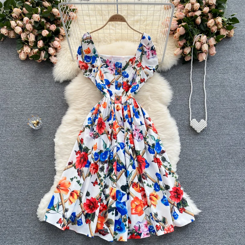 Summer New Style Fashion Temperament Vestidos Women's Square Collar Puff Sleeve Slim Printed Holiday Elegant Midi Dress KK090
