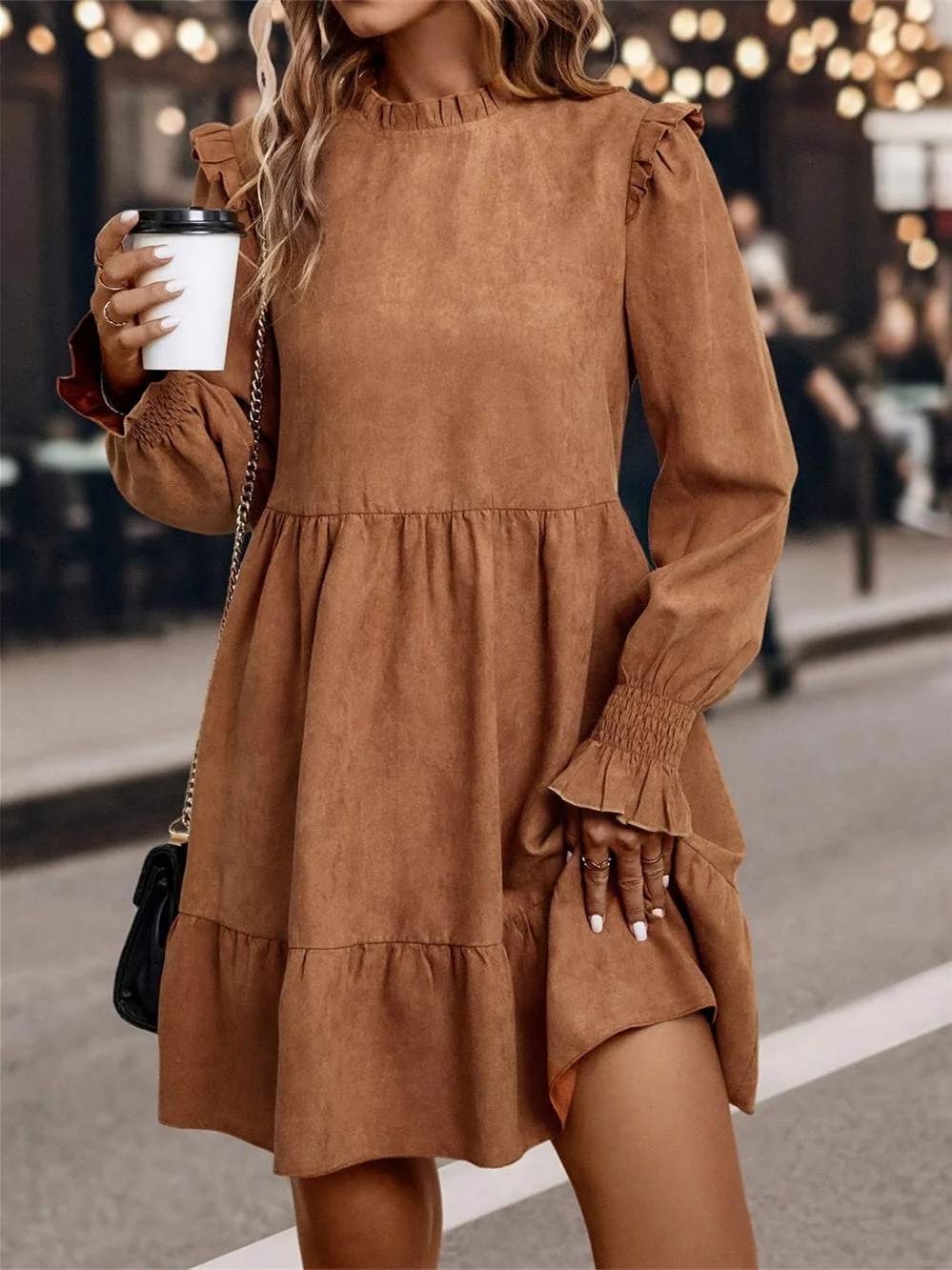 Women's Long Sleeve Scoop Neck Solid Color Temperament Midi Dress