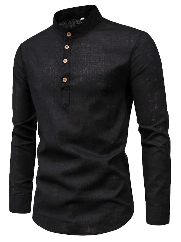 Men's Breathable Solid Color Stand-up Collar Shirt Fashion Slim Solid Color Long-sleeved Business Stand-up Collar Cotton Linen Half Open Shirt M,L,XL,XXL,XXXL,XXXL,XXXXXL-Cosfine
