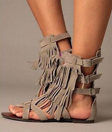 Tassels Flat Sandals For Women Buckles Strap Open Toe Heel Fringed Sandal Booties Ankle Boots