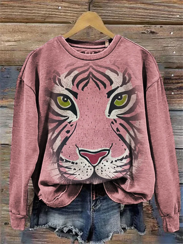 Vintage Pink Tiger Face Art Washed Sweatshirt