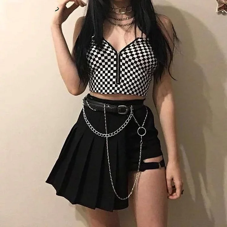 PUNK ROCK HIGH WAIST PLEATED CHAINED MINI SKIRT