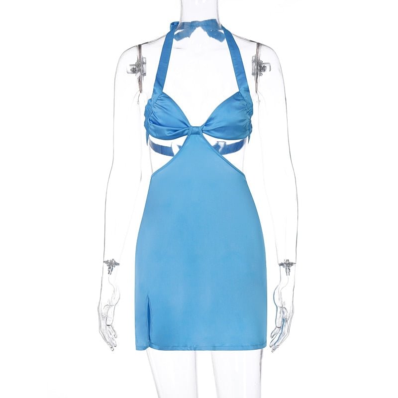 Dulzura Satin Women Halter Mini Dress Slit Lace Up Bandage Hollow Out Backless Sexy Streetwear Party Club Festival 2021 Summer