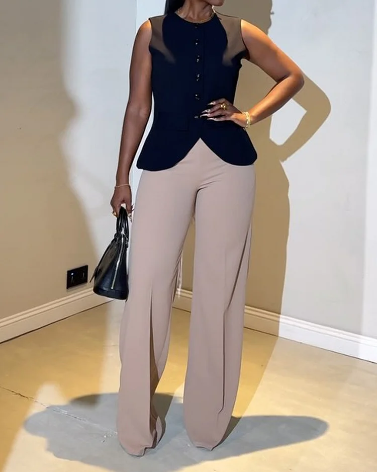 Sleeveless solid color casual two-piece suit