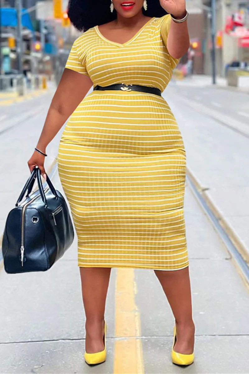 Yellow Fashion Casual Plus Size Striped Print Without Belt V Neck Short Sleeve Dress | EGEMISS