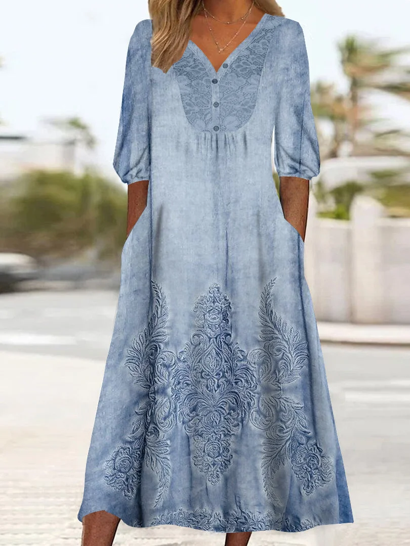 Women's 3/4 Sleeve V-neck Graphic Printed Lace Stitching Midi Dress