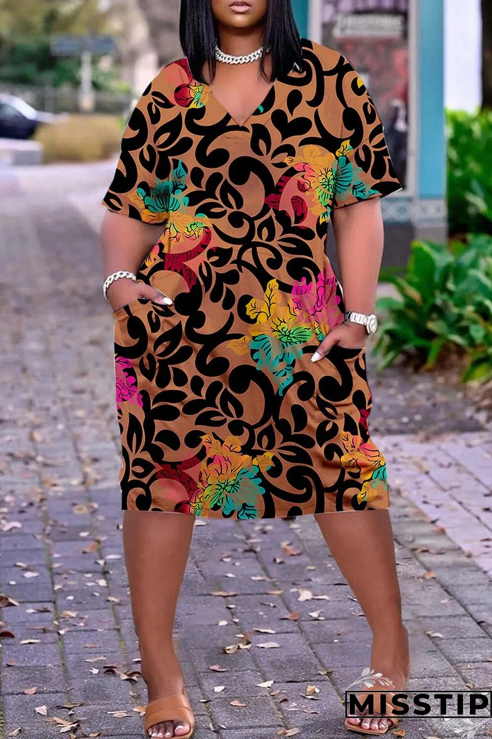 Brown Casual Print Patchwork V Neck Short Sleeve Dress