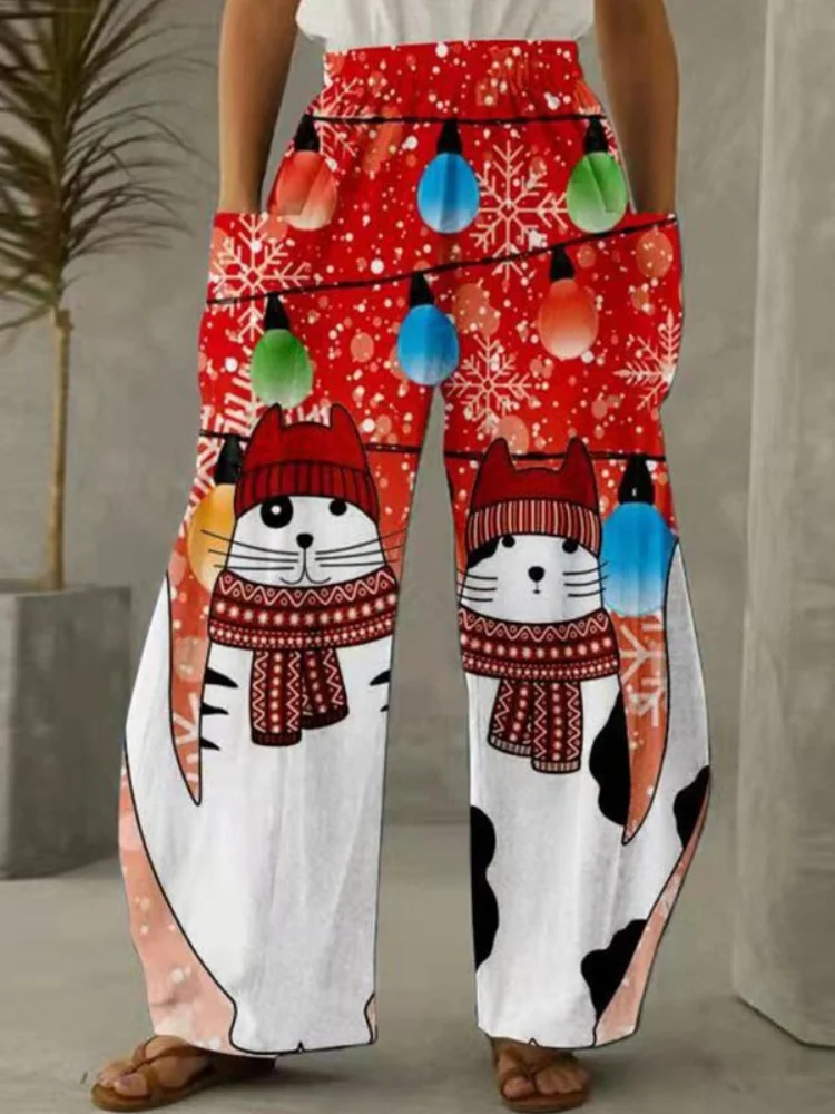 Christmas Lights Cat Print Loose Pocket Pants