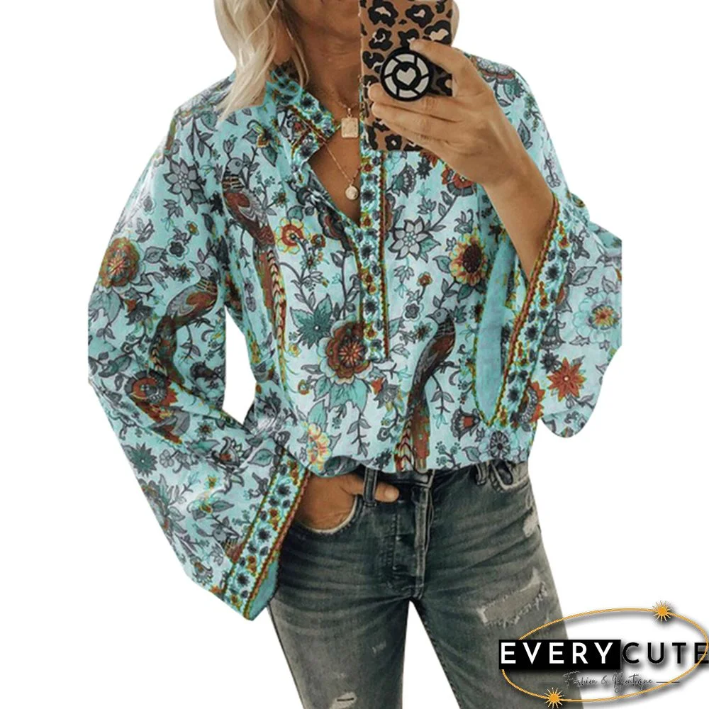 Green Peacock Print Long Sleeve Blouse