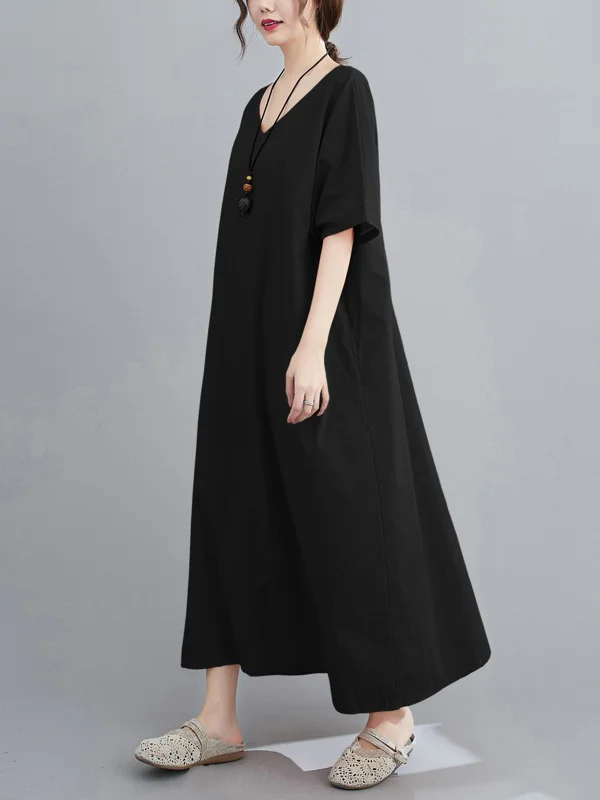Simple Solid Color Split-Back V-Neck Midi Dress