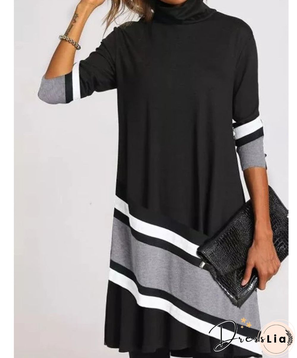 Printed Half-turtleneck Long Sleeve Dress Black Dresses