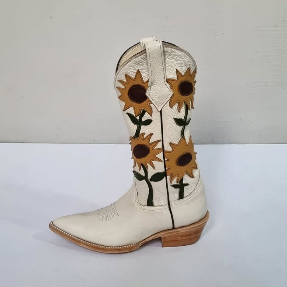 White Embroidered Sunflower Pointed Toe Cowboy Boots for Women Nicepairs