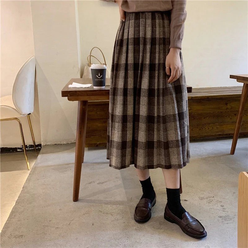 HOUZHOU Winter Vintage Pleated Plaid Skirt Midi Women Japanese Kawaii High Waisted A-line Wool Brown Long Skirts School Girls