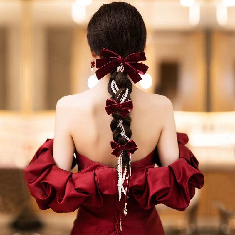 Oriental red butterfly pearl tassel feast, dress braided headdress