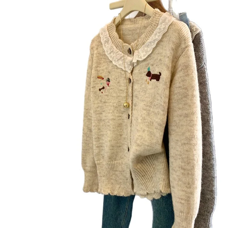 Athvotar Athvotar Neckpeek Tat-Stip-Up T-Shirt Coat Women's Autumn And Winter New Gentle Wind Cartoon Puppy Embroidered Long-Sleeved Sweater