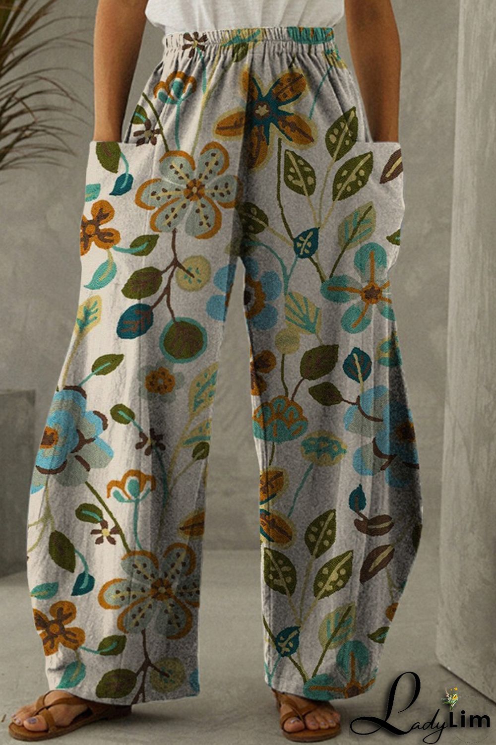 Dark Gray Fashion Casual Print Patchwork Pocket Regular High Waist Trousers