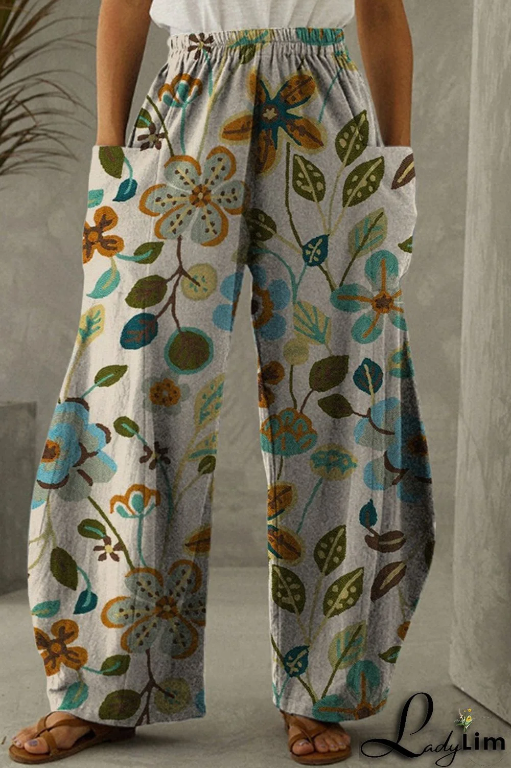 Dark Gray Fashion Casual Print Patchwork Pocket Regular High Waist Trousers